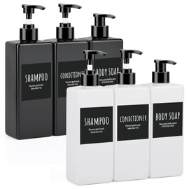 Segbeauty Shampoo Dispenser, Pack of 6 Soap Dispensers, 500 ml, Shampoo Bottles for Filling, Plastic Soap Dispenser, Kitchen Soap Dispenser with Waterproof Labels, Pump Bottle Refillable (Black +