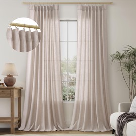 Oatmeal Beige Pleated Linen Curtains 96 Inches Long Curtains for Living Room Bedroom 2 Panel Set Cream Semi Sheer Window Curtain Light Filtering Textured Drapes for Patio Sliding Door 8 FT,40x96 Inch