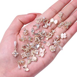 Nail Art Hearts and Bows,50PCS Mixed 3D Gold Pearl Rhinestones Bowknot Luxury Dangle Nail Art Charms,Resin Nail Gems Nail Decorations for DIY Manicure Design Nail Art Jewelry Making