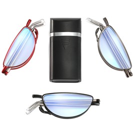 Yiwaeye 3 Pack Foldable Reading Glasses Blue Light UV Blocking, Compact Thin Half Frame Readers with Portable Cases for Men Women Black/Gunmetal/Red +3.5