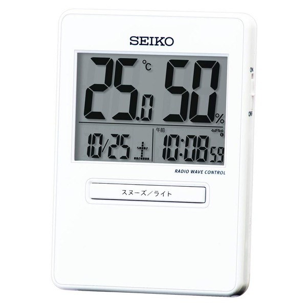 Seiko SQ797W Clock Table Clock, Alarm Clock, Radio Waves, Digital Calendar, Temperature and Humidity Display, White, Product Size: 3.6 x 2.6 x 0.6 inches (9.2 x 6.6 x 1.4 cm)