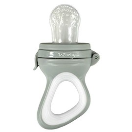 RaZbaby - Comedero de frutas para bebé, chupete de alimentos | Juguete de dentición infantil de 6 M+, añade fruta congelada favorita del bebé o comida fresca para aliviar la dentición, bolsa de silicona/pezón, sin BPA … (gris)
