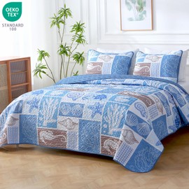 Heymybed Coastal Quilt Set King Size, Beach Coverlet Blue Starfish Coral Seashell Bedspread, Ocean Beach Themed Bed Cover, Microfiber Soft Lightweight Bedding Sets for All Seasons (106"×92")