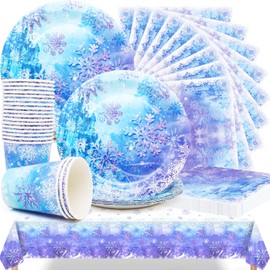 Huaxintoys Winter Snowflake Party Tableware, 61 Pieces Snowflake Party Accessory Set Including Tablecloth, Plates, Cups and Napkin for Christmas, Winter, Wonderland Party Tableware Decoration