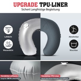 HIKENTURE Inflatable Neck Pillow with Removable and Washable Cover, Travel Pillow, Neck Pillow, Aeroplane, Car, Train, Neck Pillow, Support Pillow for Neck, Inflatable Neck Pillow, Train, Small, Grey