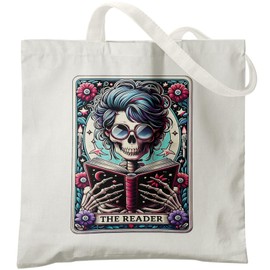 Veqzc Tarot the Reader Canvas Tote Bag, Readers Gifts, Book Tote Bag for Women Book Lovers, Goth Skeleton Skull Tote Bag, Reusable Shopping Bags Grocery Bags, Book Lovers Gift Ideas