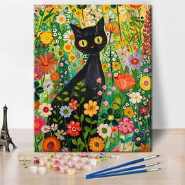 TISHIRON DIY Paint by Numbers Adult Black Cat, Adult Paint by Numbers Kits Garden Landscape, Oil Painting by Numbers with Brushes Cat in Flower Field 40 x 50 cm (Frameless)