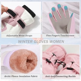 Ottsas Snow Gloves Women Warm Winter Gloves Ski Touchscreen Waterproof Gloves Windproof (Pink and White, One Size)