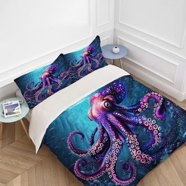 Octopus Bedding Set Twin Queen King Full Size Ocean Nautical Comforter Set for Lover Kids Teens Boys Girls Man Women Bedroom Decor Undersea Cozy Quilt Bedspread Octopus Bed Duvet Cover Gifts 80"x90"