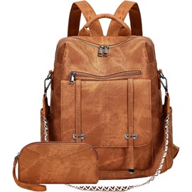 Leathario Women's Waterproof Vegan Leather City Backpack, Backpack Handbag Medium Size, Theft Daypack for Office, Commuting, Work, Lightweight Elegant Backpack Women Large for Travel, Light Brown Set