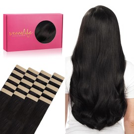 WENNALIFE Tape-in Extensions, Real Hair, Set of 20, 50 g, 45 cm/18 Inches, Natural Black, Remy, Invisible Tape, Silky Straight, Skin Weft Tape Ins
