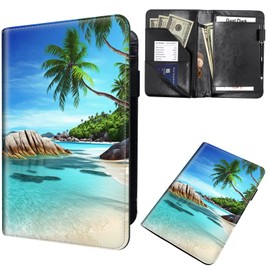Server Book for Waitress, Waiter Book Server Wallet Fit Serving Aprons, PU Leather with Zipper and 7 Large Pockets Pen Holder for Checks Pen Holder Personal Organizer Wallet,Beach Palm Trees