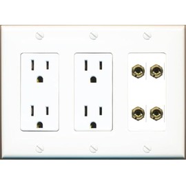 RiteAV 4 Banana 2 Speaker Surround Female Coupler Binding Post Wall Plate - 2 Outlet [White]