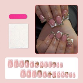 24Pcs Gold French Tip Press on Nails Short Square Fake Nails with Star Rhinestones Design Glitter False Nails Full Cover Artificial Glue on Nails Cute Stick on Nails Reusable Nail Supplies for Women