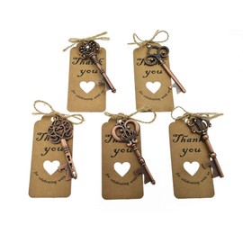 50pcs Skeleton Key Bottle Opener Wedding Party Favor Souvenir Gift with Escort Tag and Jute Rope(Red Copper Tone,5 styles)