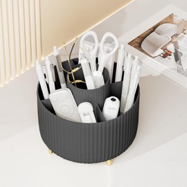 Lacusmall 360°Rotating Makeup Organiser Make Up Brush Holder, Makeup Organiser Rotating with 5 Compartments for Dressing Table Bedroom Bathroom Office, Black