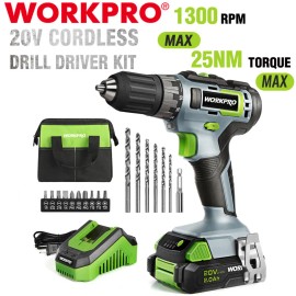 WORKPRO 20V Cordless Drill Driver Kits 3/8'' Keyless Chuck 2.0Ah Battery Charger