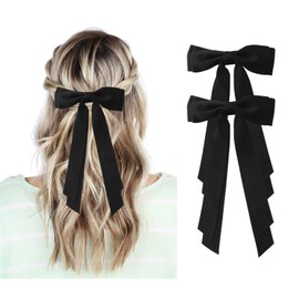 Black Hair Bows for Women - 2Pcs Silkly Satin Hair Ribbon Bow with Metal Clips Hair Accessories for Girls