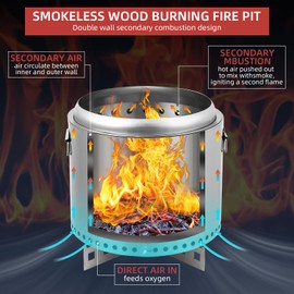 16 Inch Smokeless Fire Pit, Small Fire Pit for Outdoor, Wood Burning Stainless Steel Fire Pit with Handles, Removable Stand and Ash Pan, Perfect for Bonfire, Camping, Picnic, Family Gatherings