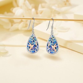 LOOVE Hummingbird Earrings Sterling Silver Cute Abalone Shell Hummingbird Dangle Earrings for Women Gifts