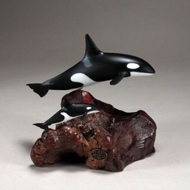 Orca Killer Whale & Calf Sculpture by John Perry 7in Medium up-tail version