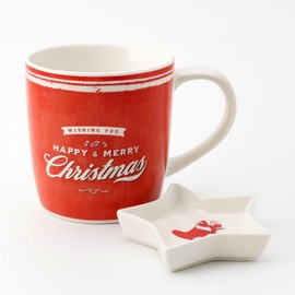 MIJOMA Porzellan Tassen Set mit Sternschale – Weihnachtstasse 350 ml mit Keks- oder Teebeutelablage – Geschenkset für Weihnachten (Rot – Merry Christmas)