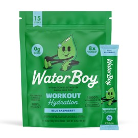 Waterboy Workout Hydration | 2,960mg Sugar Free Electrolyte Powder Packets | L-Glutamine + Vitamins | No Sugar, All Natural, Gluten Free | 15 Drink Stick Mixes (Blue Raspberry)