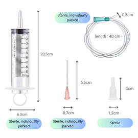 Pack of 2 Syringes 100 ml/cc with Hoses and Blunt Needles, Reusable, Individual Packaging, Sterile, Measuring Liquids, Plant Watering, Animal Feeding, Scientific Laboratories, Industry