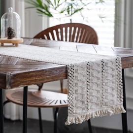 Macrame Table Runner, Beige Boho Table Runner, 30 x 180 cm, Tassels Table Runner, Cotton Table Runner with Hand Tassels, Rectangular Crochet Lace Mesh Tablecloth, for Wedding and Dining Table