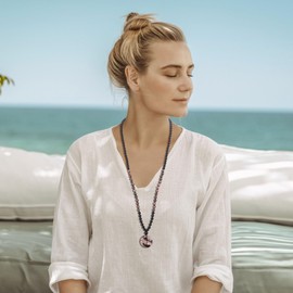 COAI Matte Onyx Rhodonite Donut Pendant 108 Mala Prayer Necklace, Stone Beaded Necklace