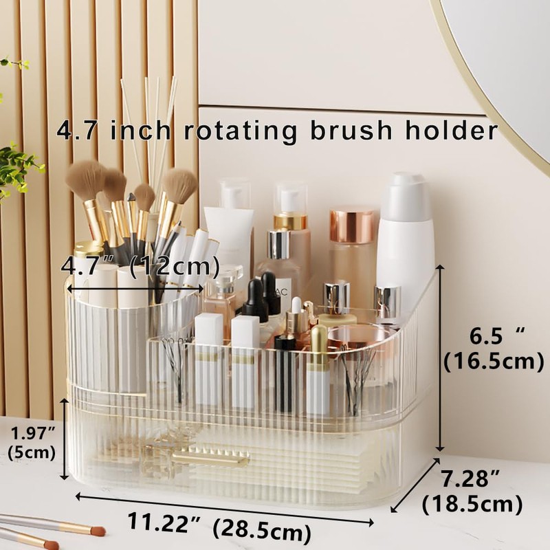 STORICANS 360° Rotating Makeup Organizer with Drawer, Clear Acrylic Cosmetic