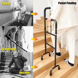Stair Climbing Assist Cane & Elderly Stair Lift Assist - 13-Level Adjustable Height with Anti-Slip Handle & Stabilizing Feet, 300lbs Capacity for Seniors, Standard Steps-Patent Pending