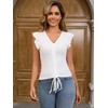 Women's Textured V Neck Ruffle Sleeve Ruched Drawstring Tops Summer