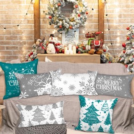 Lanpn White and Grey 12x20 Christmas Lumber Pillow Covers Set of 4, Decorative Rectangle Long 12 x 20 Gray Winter Snowflake Throw Pillow Case Xmas Cushion Cover for Indoor House Sofa Grey