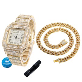Halukakah Diamonds Watch Iced Out for Boy Teens Kids - 18K Real Gold Plated,40mm Square Dial,Japanese Quartz - 20cm Length - Comes with Cuban Chain 40cm,with Watch Adjuster Tool - for Birthday,Parties
