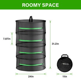 iPower 2ft 4-Layer Foldable Herb Mesh Dry Rack, Heavy Duty Ring for Hydroponic Plant, Hanging Drying Net with Zippers, Free Storage Bag and Hook Included