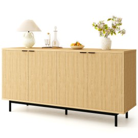 Sideboard Buffet Cabinet with Storage, 58'' Modern Fluted Coffee Bar Storage Cabinet with 4 Doors and Adjustable Shelves, Media Console for Entryway, Kitchen, Living Room, Oak