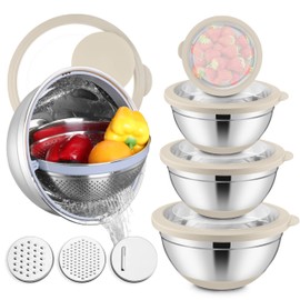 E-far Mixing Bowls with Lids Set, 15PCS Stainless Steel Mixing Nesting Bowl with Colander & 3 Metal Grater for Kitchen Prep/Baking/Storage, Non-Slip Bottom & Airtight Lid, 4.6, 3, 1.5, 1, 0.7QT, Khaki