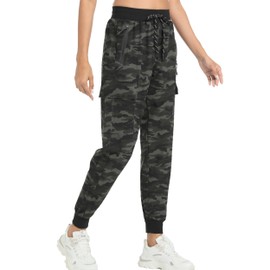 Womens Cargo Pants with Pocket Quick Dry Workout Athletic Joggers Drawstring Travel Casual Outdoor Camping Hiking Pants(Green Camo M)