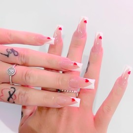 Vezocim Valentine's Day Press on Nails Square Medium 24Pcs Glossy Full Cover Coffin French Tips Fake Nails with Heart Designs Artificial Acrylic False Nails Sets Medium Square Fingernails for Women