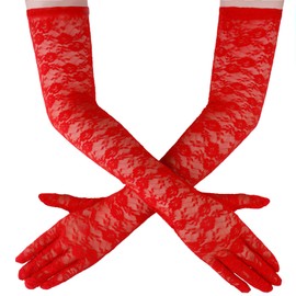 Brimekichio Red Lace Gloves for Women, Tea Party Long Red Gloves Women Formal Opera Flower Lace Design Elegant Stretchy 21.6 in
