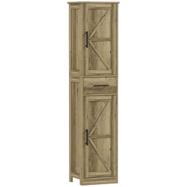 HOMCOM Narrow Bathroom Storage Cabinet, 67" Tall Farmhouse Cabinet with Drawer, Barn Doors and Adjustable Shelves, Freestanding Linen Cabinets for Small Space, Distressed Gray