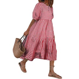 chouyatou Women's Retro Lantern Puff Sleeve Plaid Dress Gingham Swing Tiered Midi Long Dress (Medium, Plaid Red)