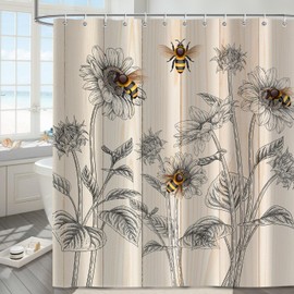 Moonslim Bee Shower Curtain Set 72Wx78H, Country Farmhouse Honeybee Flowers Floral Sunflower Plant Leaves Shower Curtains Set Bathroom Decor, Waterproof Fabric with 12 Hooks Accessory