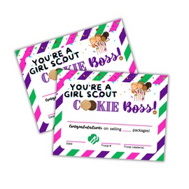 Girl Cookie Selling Boss Certificate | 50 pk 8.5x11” Striped Achievement Hitting Scout Sales Goal Boxes of Cookies Troop Leader