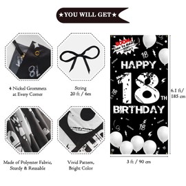 PHXEY Fabric 18th Birthday Backdrop Banner Black White, Happy 18th Birthday Decoration for Men Women, 18 Year Old Birthday Party Yard Sign Photo Props Door Decor Supplies for Outdoor Indoor