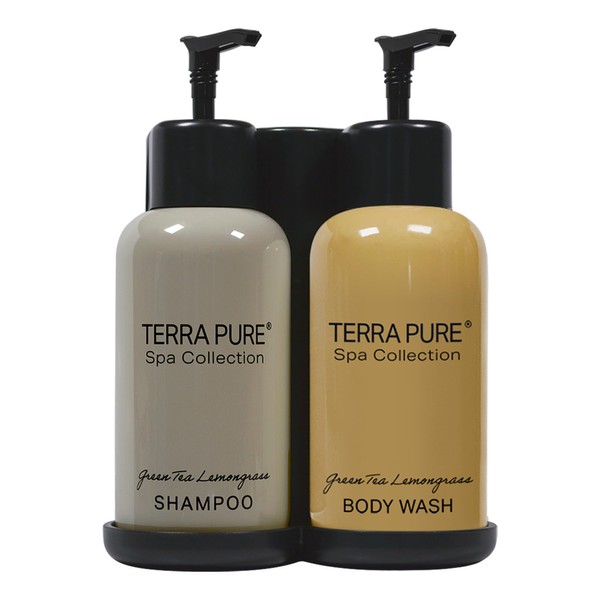 Terra Pure Spa Collection - Dispensador de jabón de ducha sin taladro para montaje en la pared, botellas de 10 onzas / 300 ml, soporte de bloqueo a prueba de manipulaciones | 1 soporte con champú y gel corporal