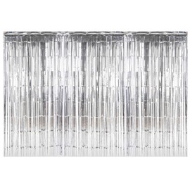 codiarts. Metallic Tinsel Curtains Foil for Birthday Wedding, Party, Photo Box DIY Photo Booth Decorations, Door, Window, Background Photo Props, 3 Pieces Each 1 m x 2 m (Silver)
