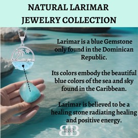 Natural Larimar Gemstone with Palm Tree, Sun, and Starfish 16+2” Round Pendant Necklace | Sterling Silver Necklace Jewelry for Women or Teens