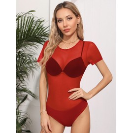 Missufe Women's Mesh Bodycon Top Bodysuit Mesh Short Sleeve Leisure Leotard Body Tops, red